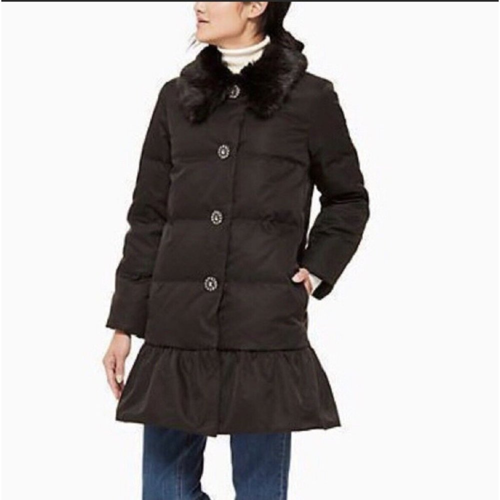 $598 Kate Spade Down Puffer Coat Jacket Ruffle Hem Faux Fur Collar Womens Size 6